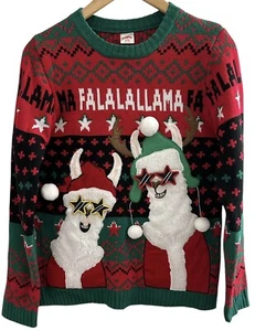Holiday Time Fun Ugly Christmas Sweater Llama Sunglasses Red Kids XL (14-16) - Picture 1 of 6