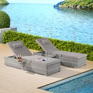 Outdoor Chaise Lounge Chair Set of 2 w Patio Pool Chairs, Beach Rattan Recliners - Picture 1 of 46