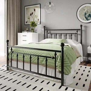 Queen Metal Bed Frame, Victorian Style Iron-Art Headboard & Footboard, Black - Picture 1 of 9
