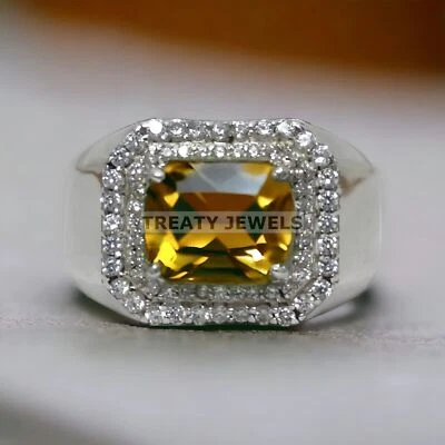 Pedra preciosa de corte esmeralda citrino com anel masculino de prata esterlina 925 #466 - Imagem 1 de 4