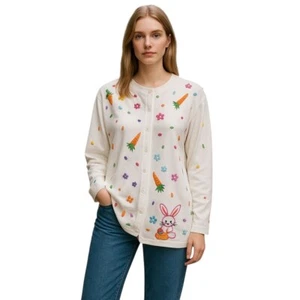 Michael Simon Lite Vintage Cardigan Womens XL White Whimsical Rabbit Embroidered - Picture 1 of 11