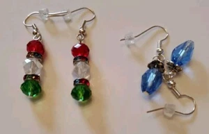 2 Pair HANDMADE Christmas Silvertone Earrings Red Green Drop & Blue Light blub - Picture 1 of 3