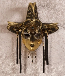 Maschera veneziana originale Jolly donna indossabile decorazione parete nera in - Foto 1 di 5