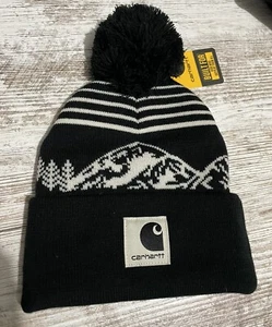 NWT Carhartt Knit Pom Pom Cuffed Logo Beanie Youth One Size Black & White AH9003 - Picture 1 of 3