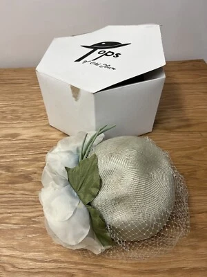 Vintage Don Anderson Beige Hat with Flowers Netting Web Derby Church Hat 70s 80s - Image 1 of 4