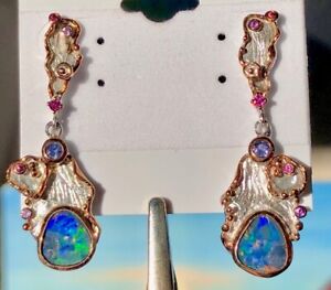 Boucles d'oreilles lustre vintage opale noire tanzanite rubis palourdes rose