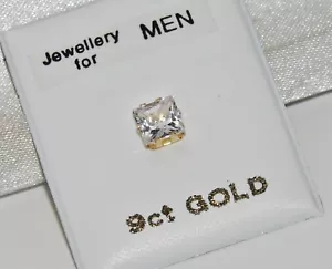 9CT GOLD 4mm PRINCESS CUT SQUARE MEN'S SINGLE STUD EARRING - Simulated Diamond - Picture 1 of 5