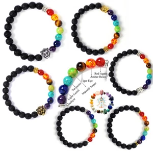 US 7-Chakra Healing Buddha Lion Drum Beads Lava Stone Reiki Meditation Bracelet - Picture 1 of 35