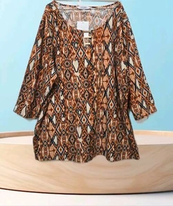 NWT Emily Daniels Plus 2X Tunic Southwestern Print 3/4 Sleeve Stretch Top - Picture 1 of 12