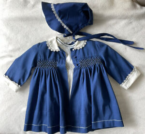 Vintage Polly Flinders Coat Dress Hat Hand Smocked Sz T3 Navy Blue White ￼￼￼