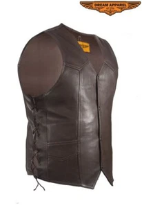 Premium Brown Men's Cowhide Genuine Leather Motorcycle Club Vest With Side Laces - Picture 1 of 6