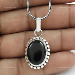 Solid Sterling Silver Oval Natural Onyx Art Deco Anniversary Engagement Pendant - Picture 1 of 10