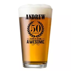 Personalised 50th Birthday Gifts for Boys, Men or Him Beer Glass Awesome BG-UV15 - Picture 1 of 2