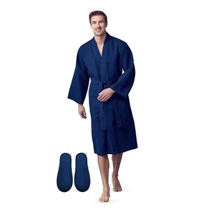Bata de baño Lotus de lino para hombre con patrón cuadrado de gofres ropa de spa con 2 bolsillos delanteros - Imagen 1 de 95