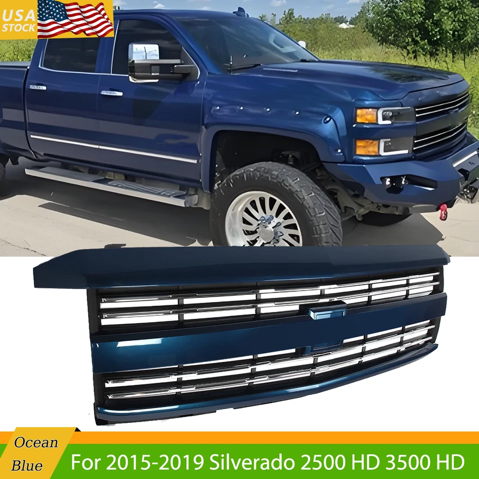 For 2015-2019 Silverado 2500 HD 3500 HD Deep Ocean Blue Chrome Grille LTZ Style Foto 1 de 4