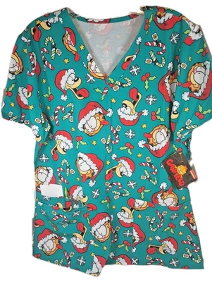 Garfield  & Odie Christmas Unisex Scrub Club Top V-Neck  Med  New 4 Hem Pockets - Image 1 of 4