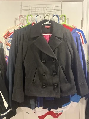 🧥 Abrigo Merona Mezcla Lana Guisante Negro con Rosa 💖 Forro Interior Mujer’s Talla L Foto 1 de 4