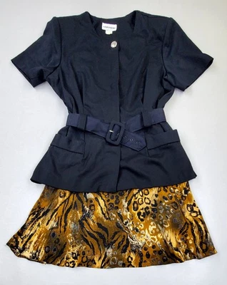 Vestido De Colección Años 80 Wayne Diamante Negro Mujer Talla 18 Tigre Safari Peplum Cinturón EE. UU. Foto 1 de 4