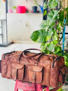 25 Herren braun Vintage echt Reisegepäck Seesack Sporttasche Beuteltasche Ziegenleder - Bild 1 von 6
