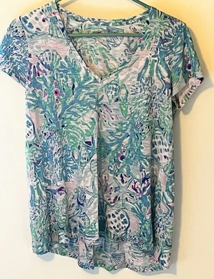 Camiseta para mujer Lilly Pulitzer cuello en V talla XS azul verde 100 % algodón Foto 1 de 4