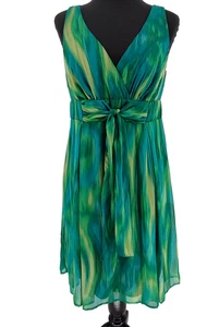 Abito AGB donna verde chiffon vestito aderente e svasato taglia 6 scollo a V foderato cravatta in vita sintetica - Foto 1 di 13