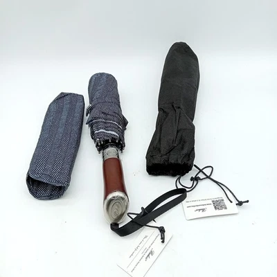 Hardwood Handle Herringbone Balios Travel Umbrella Single Canopy Auto Open Close - Image 1 of 4