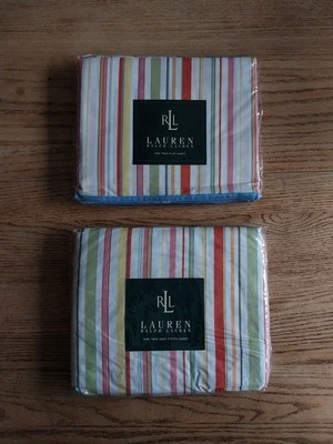 Vtg NOS Lauren Ralph Lauren Twin Flat Deep Fitted Sheet Set Striped Made In USA - Image 1 of 4