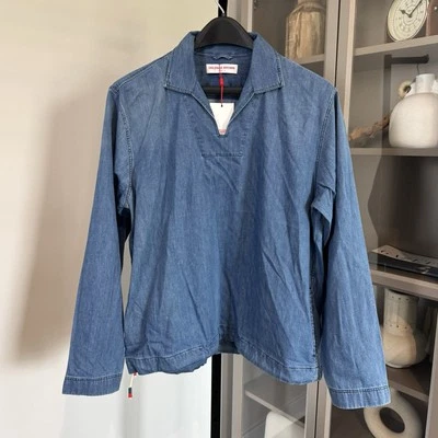 Camisa Orlebar Marrón Oglio Azul Índigo Lavado Denim Popover Chaqueta Relajada L NUEVA Foto 1 de 4