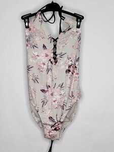NWT Ambrielle Swim Suit Beige/Maroon Floral Print High Cut Laces Up In The Back - Picture 1 of 2