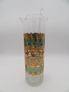 Vtg Mid Century Culver Emerald Gold Scroll Cocktail Pitcher w Glass Stirrer - Picture 1 of 7
