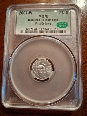 2007-W $10 Burnished Platinum Eagle 1/10 Oz  Platinum MS70 CAC First Delivery  - Image 1 of 4