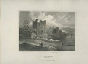 ENGRAVING 1814 BYWELL CASTLE + WALKERS +DOG +FISHERMEN - Picture 1 of 1