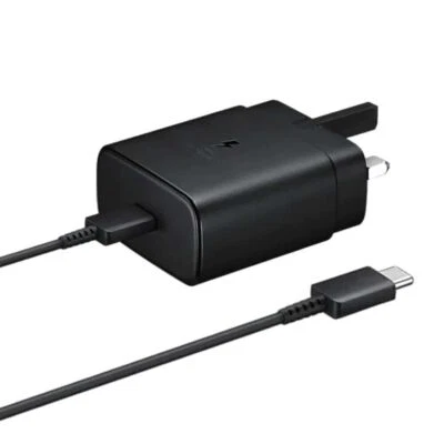 Cargador Original Samsung 45W Súper Rápido Reino Unido Enchufe de Red Cable USB C en Negro Foto 1 de 4