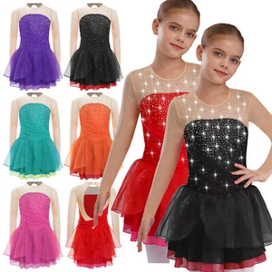 Kids Girls Ice Figure Skating Tutu Dress Mesh Shiny Lyrical Contemporary Dance  - Picture 1 of 77