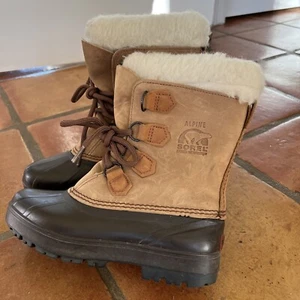 Sorel Women Alpine Tan Brown Leather Lace Up Mid Calf Winter Boots Size 7 - Picture 1 of 7