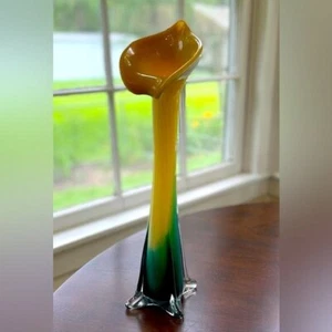 Hand Blown Jack In The Pulpit Calla Lily Art Glass Vase 15.5" Ombre Yellow Teal - Imagen 1 de 12