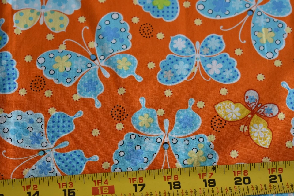 34" Long, Blue & Yellow Butterflies on Orange Cotton, Exclusively Quilters,N2562 - Image 1 of 4