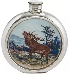 Runder 6 Unzen Zinn Flachmann mit einzigartiger Farbe Bild ruft Hirsch polierte Schraube - Bild 1 von 3