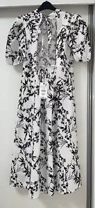 ZARA ZW COLLECTION BLACK WHITE FLORAL PRINT PUFF SLEEVES MIDI DRESS SIZE L BNWT - Picture 1 of 12