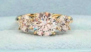 3.05 ct FVS1 Lab Grown Round Cut Diamond Three Stone Engagement Ring 14K Gold - Picture 1 of 4
