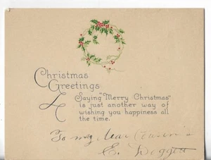 Vtg Christmas Card ART DECO apx 4.5x3.25 Wreath of Holly & Berries - Xmas Greet - Picture 1 of 2