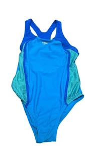 Speedo Girl’s Racerback Swimsuit Sz 12 Blue Green Teal Lined Athletic Swim - Picture 1 of 6