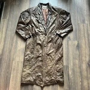 Vintage 80s 90s Global Identity Brown Leather Coat Longline Size L - Picture 1 of 8