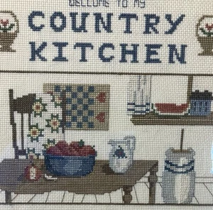 Vtg Granny Chic Counted Cross Stch Completed Framed  County Kitchen 23”x 17.25” - Picture 1 of 13