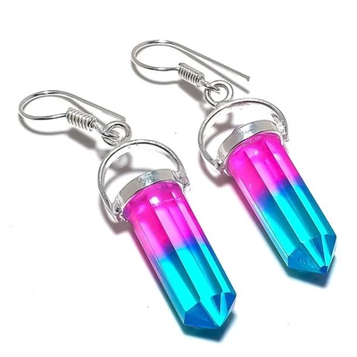 Punto de Navidad - Pendiente de plata de ley 925 con piedras preciosas de turmalina bicolor 1,9" y549 Foto 1 de 4