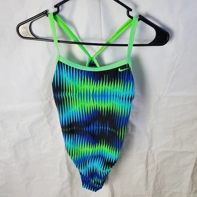 Maiô Nike feminino 34/8 verde azul uma peça competição natação praia água  - Imagem 1 de 4