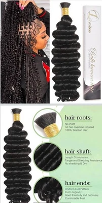 Human Braiding Hair 1B Deep Water Wave Bulk Human Hair 100g 18 Inch Curly Human - Image 1 of 4