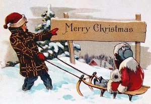 Vintage art MERRY CHRISTMAS card. Boy in red cap pulling little girl on sled. - Picture 1 of 2