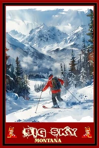 Big Sky Montana Skiing at it Best Art Print Travel Poster Large 16x24 Ski Resort - Picture 1 of 1