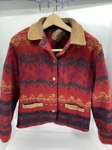 Woolrich Wool Barn Chore Coat Women Size Medium Red Floral Button Vintage USA